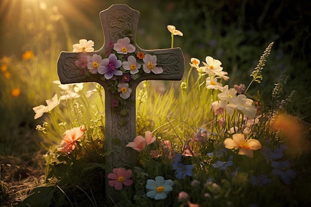 Alter Friedhof mit bunten Blumen bei Sonnenuntergang Halloween-Hintergrund Generative KI-Illustration