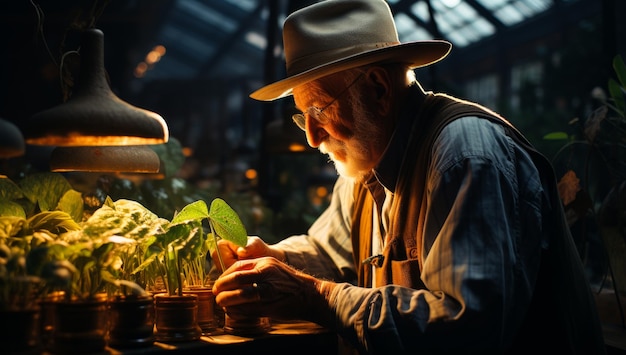 Alter Gärtner, der mit Pflanzen arbeitet Älterer Mann im Gartenlebensstil Generative KI