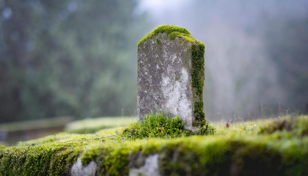 Foto alter grabstein in nebligem wald, grünes moos, dunkle töne, natürliche landschaft.