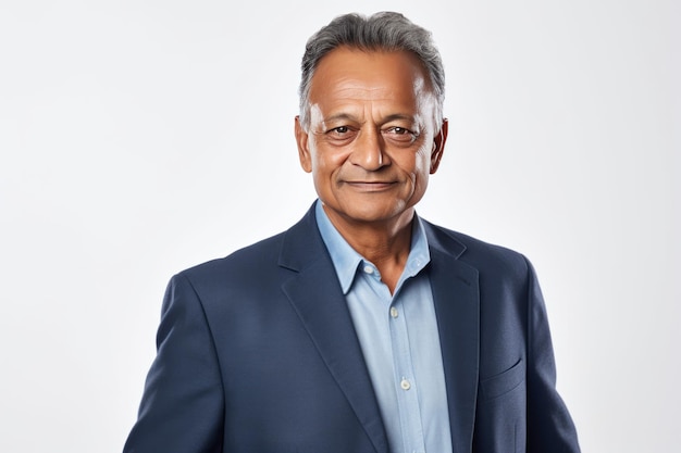 Alter indischer Geschäftsmann im blauen Anzug auf weißem Hintergrund