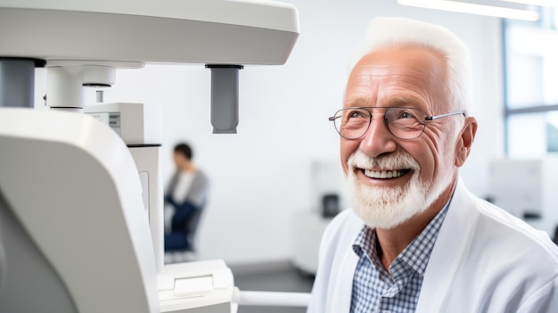 Alter ist nur eine Nummer Eine Nahaufnahme eines lächelnden älteren Patienten während einer Sehuntersuchung unterstreicht die Bedeutung der Augenpflege für ältere Menschen
