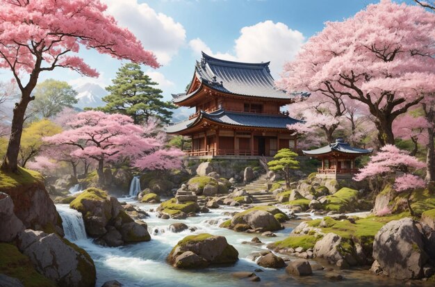 Alter japanischer Tempel mit Kirschblütenbaum in der Nähe