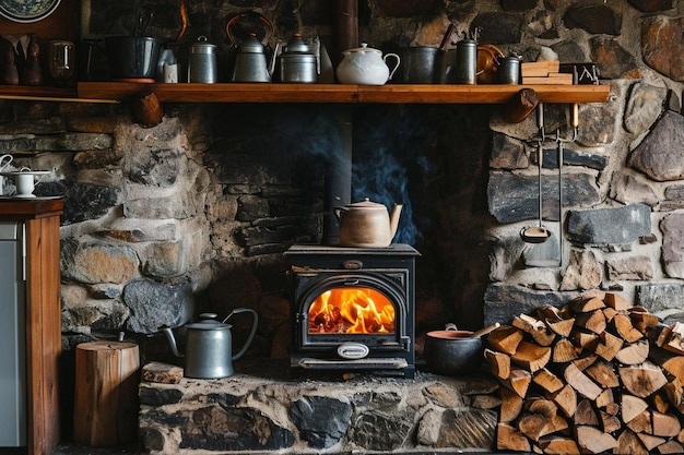 Foto alter kamin mit feuerholzhaufen, der die wärme des hauses verbrennt