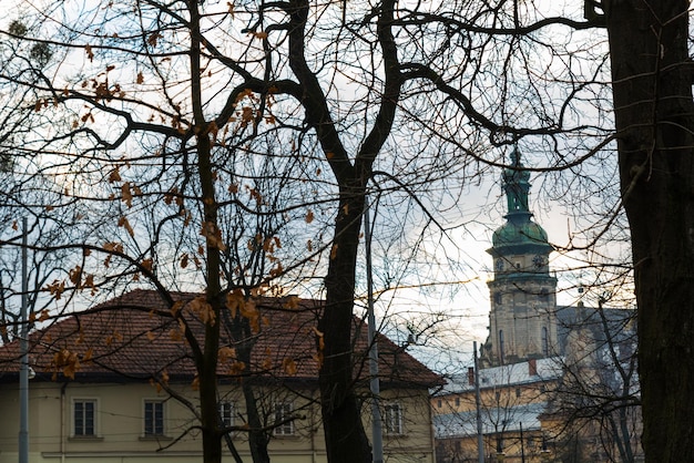 Alter Kirchturm vor Baum ohne Blätter Herbstsaison.