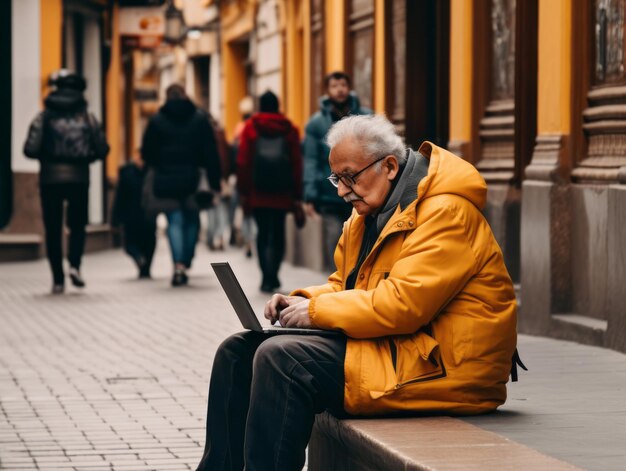 Alter kolumbianischer Mann, der in einer lebhaften städtischen Umgebung an einem Laptop arbeitet