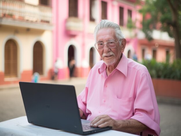 Alter kolumbianischer Mann, der in einer lebhaften städtischen Umgebung an einem Laptop arbeitet