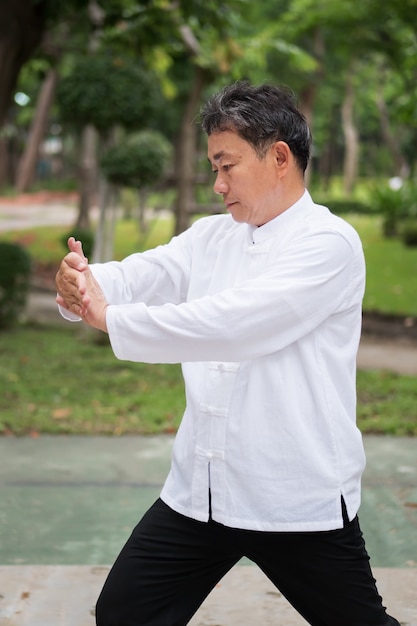 Alter Mann, der Kung Fu oder Tai Chi im Park-Meditationsübungskonzept des gesunden Lebensstils praktiziert