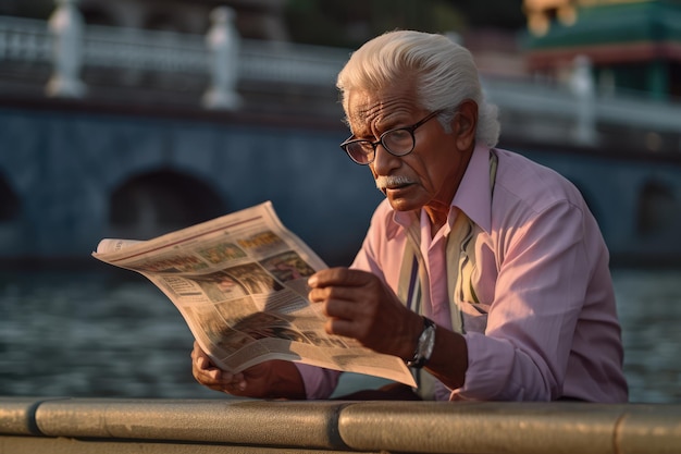 Alter Mann liest eine Zeitung am Wasser