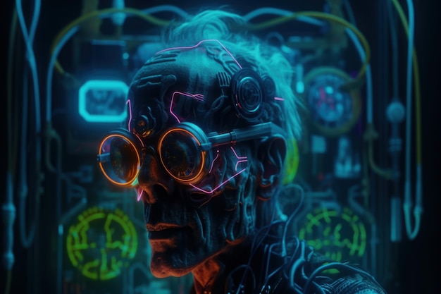 Alter Mann mit Brille, helle LED-Matrix, schönes Illustrationsbild, generative KI