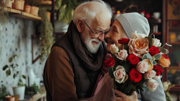 Alter Mann überrascht Frau mit Blume