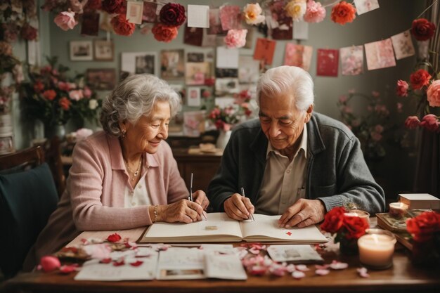 alter Mann und Frau im glücklichen Valentinstag Liebe Blume in der Hand Ai Bild