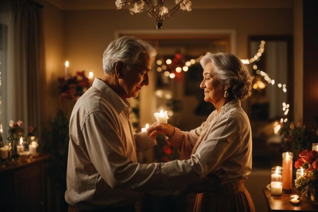 alter Mann und Frau im glücklichen Valentinstag Liebe Blume in der Hand Ai Bild