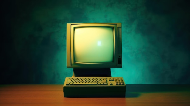 Alter Retro-Fernseher in blaugrüner Vintage-Wandfarbe