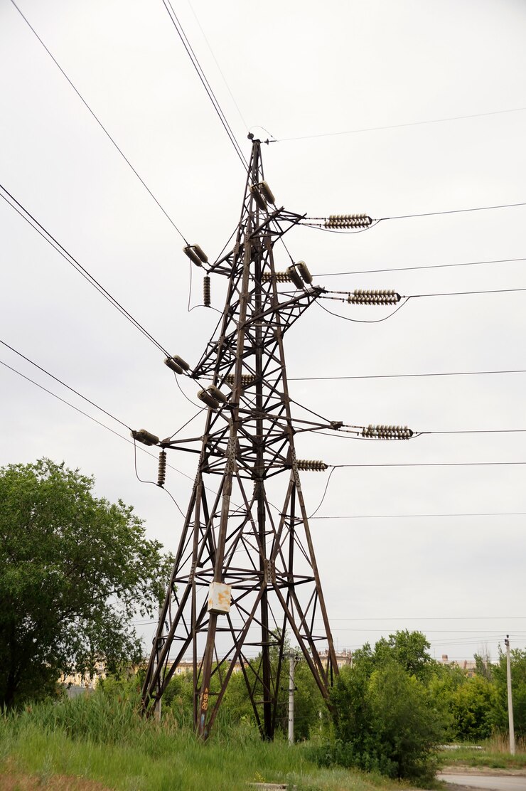 Alter rostiger Mast von Stromleitungen auf der Stadtstraße
