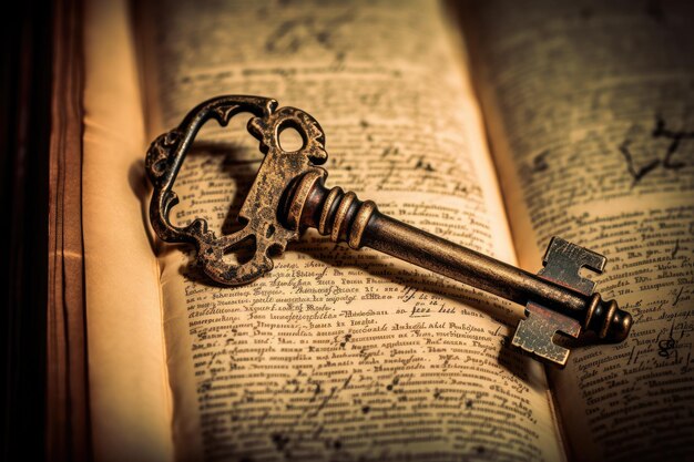 Alter Schlüssel im Schlüsselloch eines alten Manuskripts Makrofoto Retro-Stil Wissensschlüsselkonzept für Geschichte e