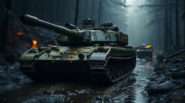 Alter sowjetischer Panzer im Regen auf Kampfplatzlandschaft