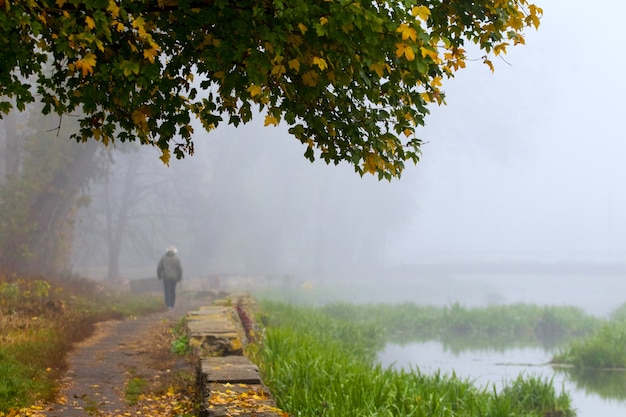 Alter Stadtpark im Herbst, Mann, der in park_ geht