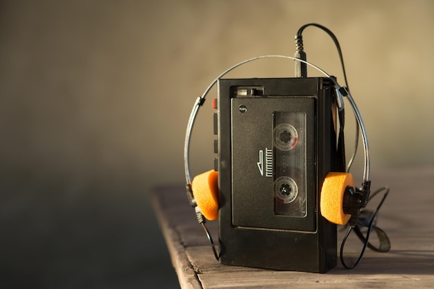 Alter tragbarer Kassettenspieler und Kopfhörer auf abstraktem Hintergrund Werbestil im Vintage-Stil