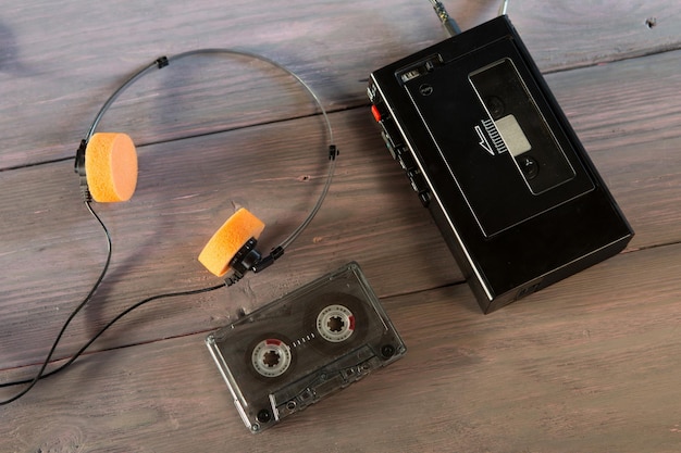 Alter tragbarer Kassettenspieler und Kopfhörer auf einem hölzernen Hintergrund