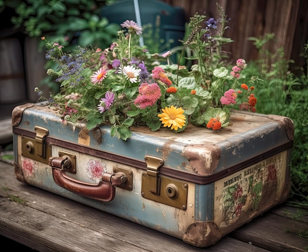 Alter Vintage-Koffer mit Wildblumen auf dem Deckel