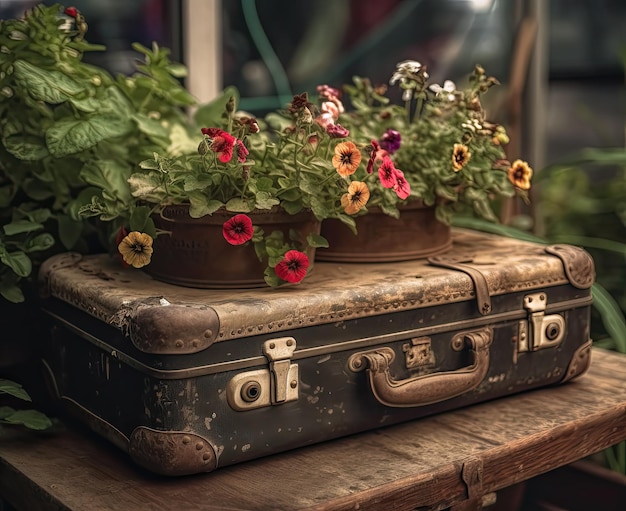 Alter Vintage-Koffer mit Wildblumen auf dem Deckel