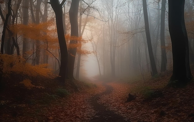 Alter Wald mit Weg und im Nebel