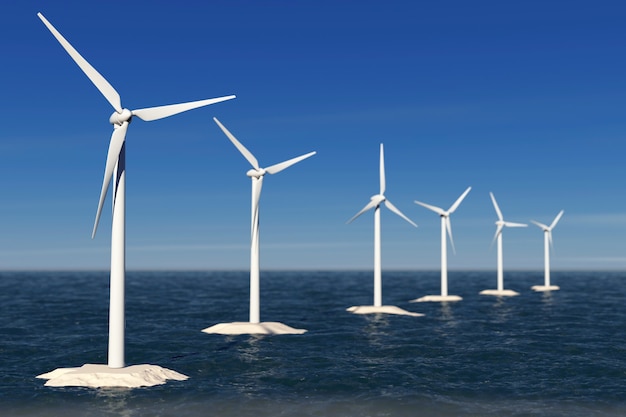 Alternative Energiekonzept. Windmühlen im Ozean extreme Nahaufnahme. 3D-Rendering