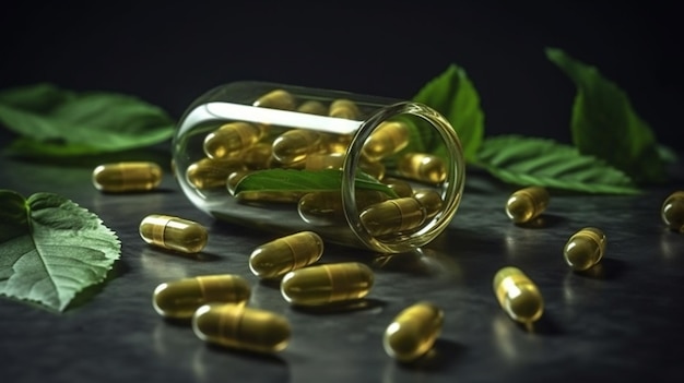 Foto alternativmedizin, naturkräuter-bio-kapselmedikament mit kräuterblättern, natürliche nahrungsergänzungsmittel für ein gesundes, gutes leben 6