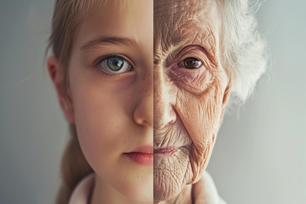 Alterungskonzept mit Gesicht in geteilter Ansicht Hälfte eines jungen Mädchens und die andere Hälfte einer sehr alten Frau