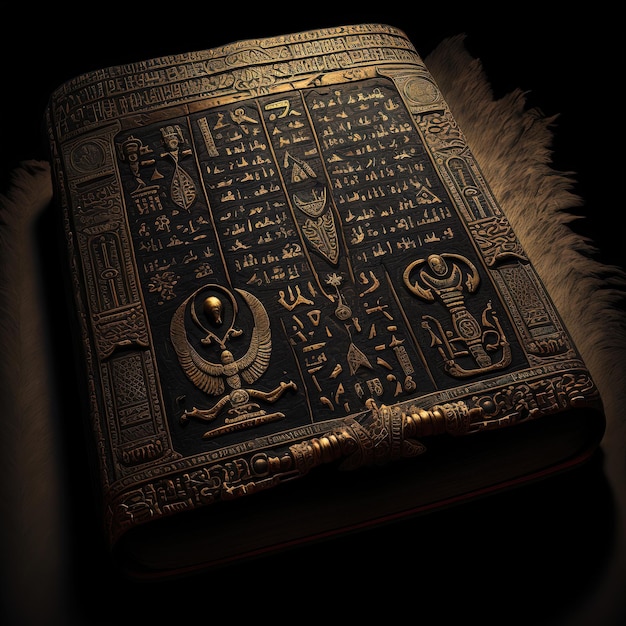 Altes ägyptisches Buch der Toten Fantasiebuch schwarzes Buch mit Mumien KI