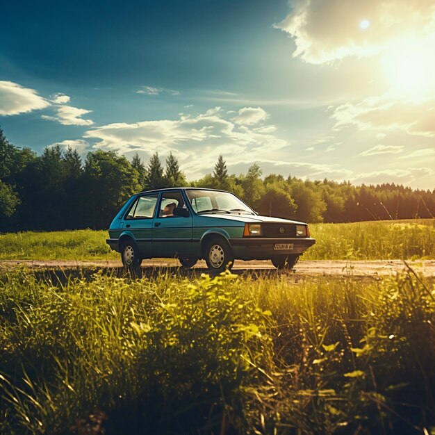 Foto altes auto aus den 90ern in einem wald ai generated