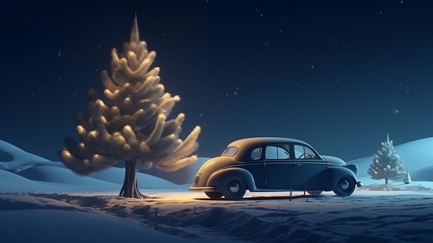Altes Auto nachts auf einer Straße im wintergenerativen KI