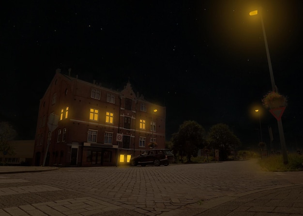 Altes Backsteinhaus im holländischen Stil in den Niederlanden bei Nacht