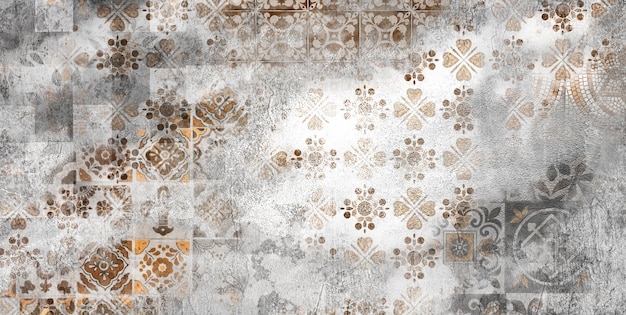 Foto altes braun-grau rostig vintage abgenutzt geometrisch schäbiges mosaik verziertes patchwork-motiv porzellan steinzeug