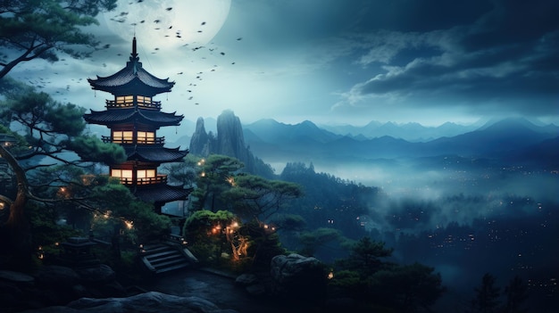 Altes Dorf in China, schöne Szene, Landschaft, chinesische Laternen, authentische Architektur, Häuser, mystischer Abend, mystischer Abend, Fluss, leere Straßen, friedliche Atmosphäre