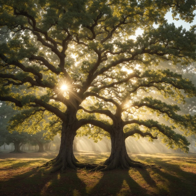 Altes Eichenlaub im Morgenlicht mit Sonnenlicht