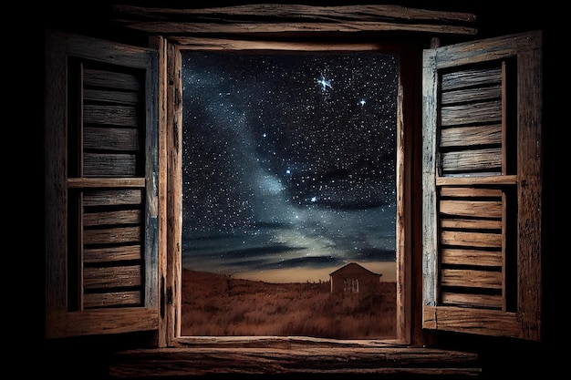 Altes Fenster mit Holzjalousie und Blick auf die Sterne am Nachthimmel
