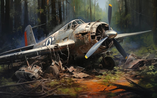 Foto altes flugzeug zerstört durch einen waldbrand generative ki