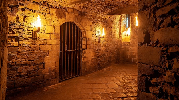 Altes Gefängnis- und Schlossinterieur mit Tür, Steinmauern und Fackeln in der Nacht Generative Ai