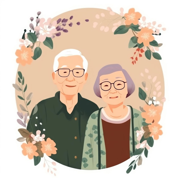Altes Großelternpaar lächelt um einen Blumenrahmen herum. Glücklicher Großelterntag, den Ai erzeugt hat