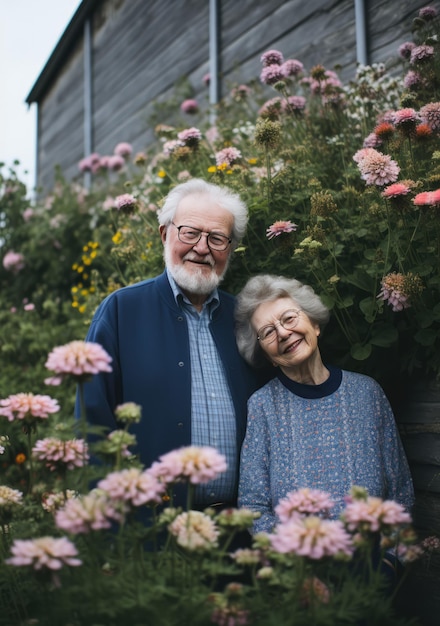 Altes Großelternpaar lächelt um einen Blumenrahmen herum. Glücklicher Großelterntag, den Ai erzeugt hat