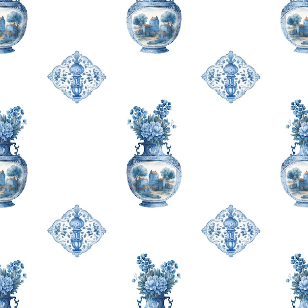 Altes handgezeichnetes rustikales Muster mit Retro-Vase und Blumen.