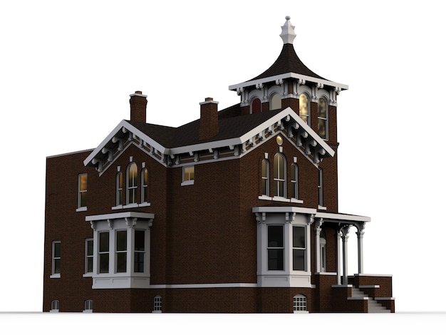 Altes Haus im viktorianischen Stil. Illustration auf weißem Hintergrund. Arten von verschiedenen Seiten. 3D-Rendering.