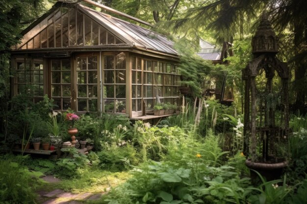 Altes Holzgewächshaus in einem üppigen Garten, der mit generativer AI geschaffen wurde