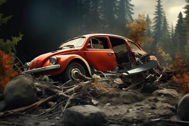 altes kaputtgegangenes Auto im Wald 3D-Rendering Nach einem Autounfall KI-generiert