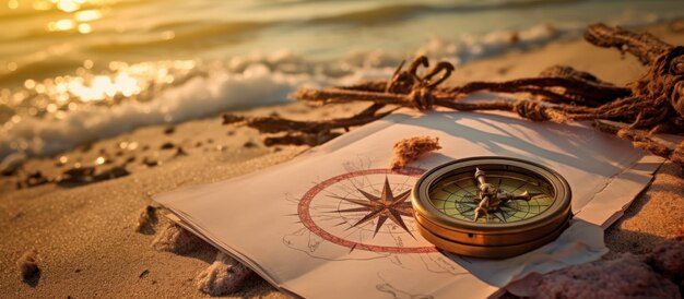 Foto altes kartenpapier mit einem kompass auf einem ki-generierten bild am strand