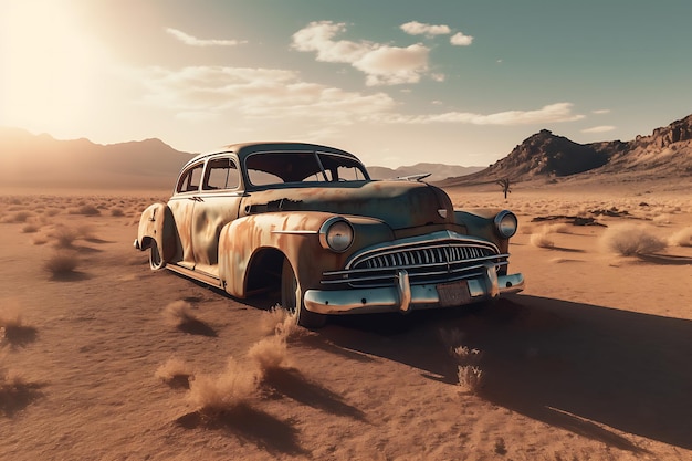 Altes klassisches Auto, das in der Wüste verlassen wurde, zerstörtes, rostiges Retro-Auto, KI-Generativ.