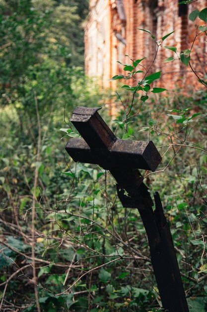 Altes Kreuz auf einem verlassenen Friedhof. Gebrochenes Kreuz