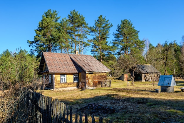 Altes Landhaus aus Holz im russischen Outback-Dorf im Morgengrauen im Kiefernwald Ökologischer Tourismus und Erholung