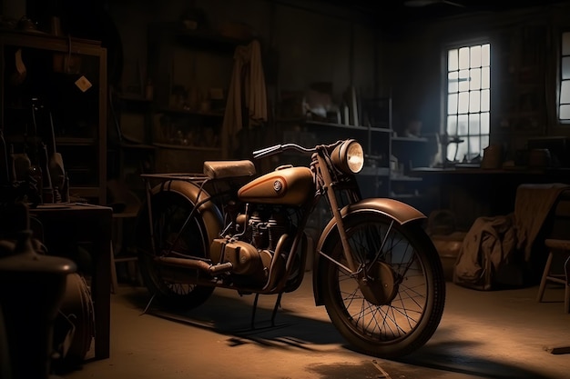 Altes Oldtimer-Motorrad in der Garage. Neuronales Netzwerk AI generiert